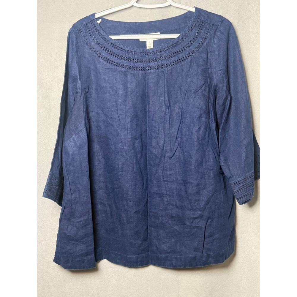 Charter Club Luxury Navy Blue 100% Linen Crochet Trim Blouse Top 1X